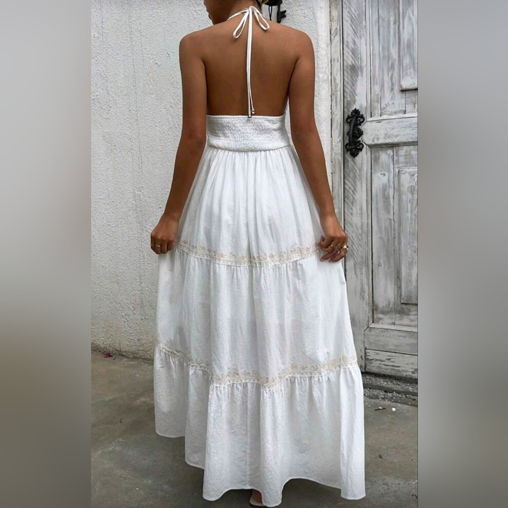 New Boho Embroidered Tie Halter Tiered Maxi Dress White Tan - Picture 5 of 11